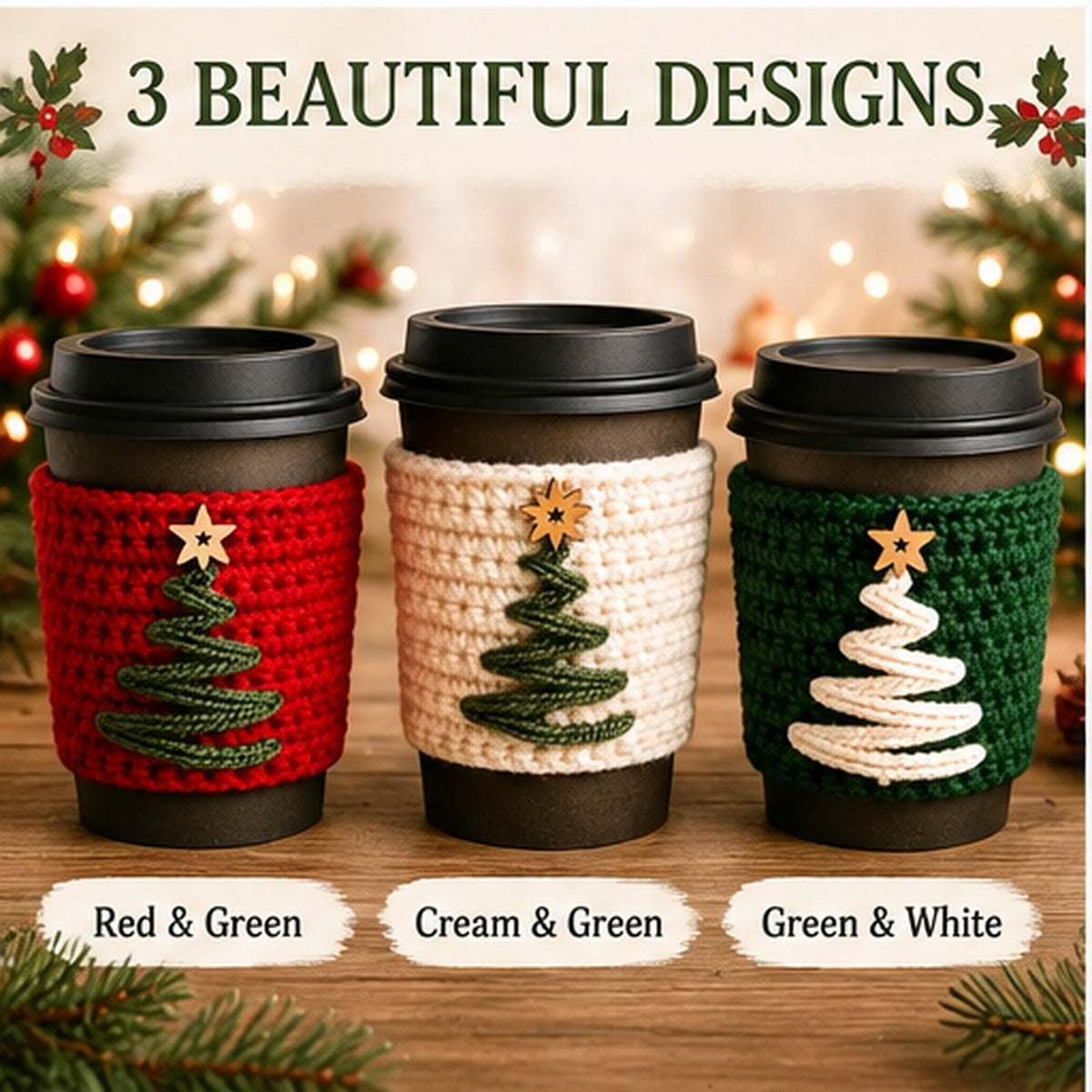 Christmas Mug Cozy Crochet Pattern PDF | Holiday Coffee Cup Sleeve | Christmas Tree Cup Cozy | 4 Languages