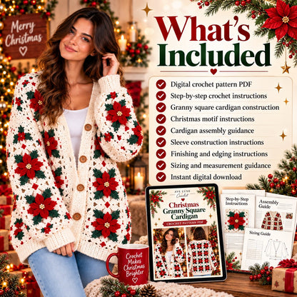 Christmas Poinsettia Granny Square Cardigan Crochet Pattern PDF | Festive Holiday Sweater Pattern | Winter Crochet Cardigan
