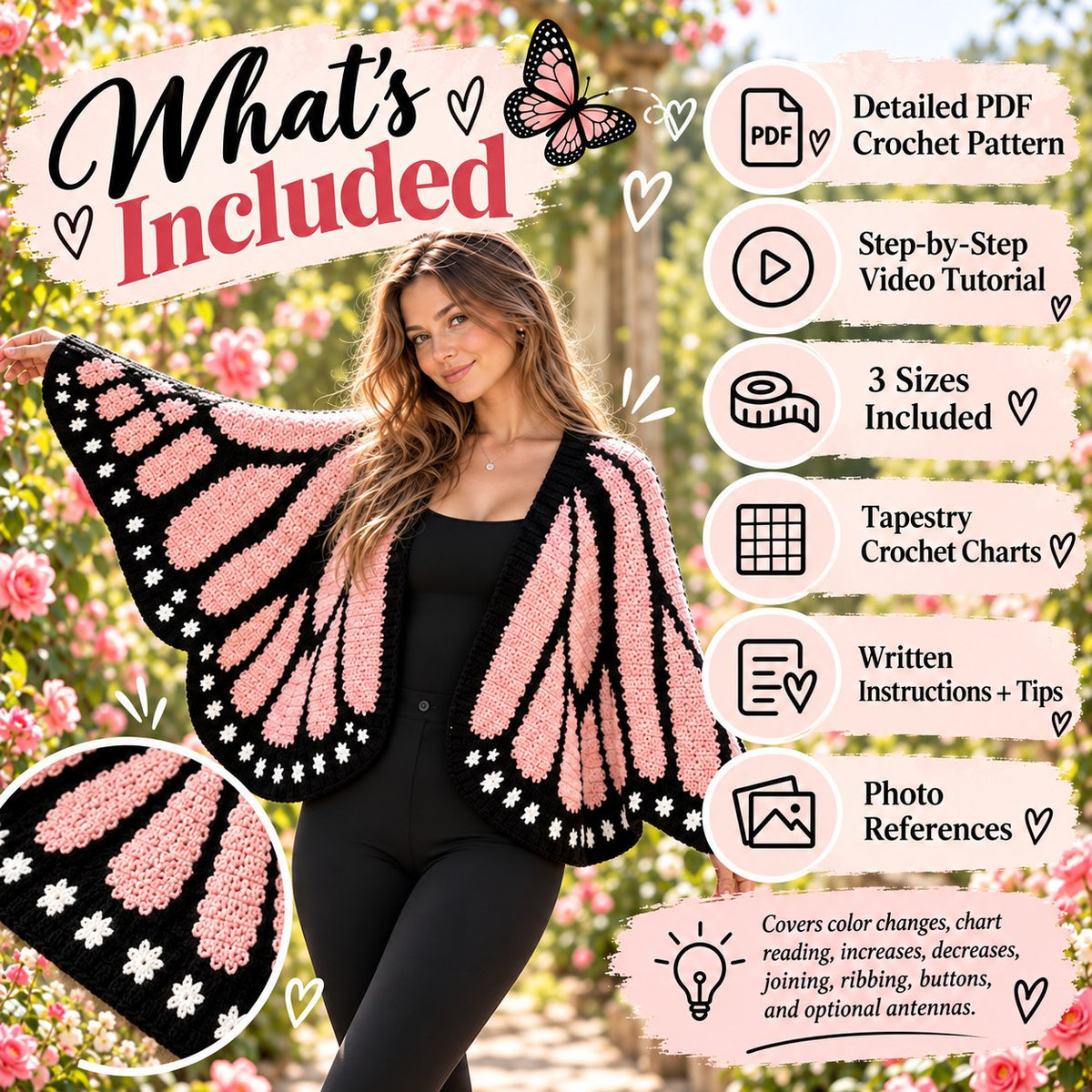 Monarch Butterfly Crochet Cardigan Pattern + Video Tutorial | Butterfly Wing Cardigan PDF | Tapestry Crochet Pattern