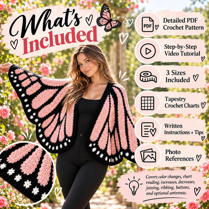 Monarch Butterfly Crochet Cardigan Pattern + Video Tutorial | Butterfly Wing Cardigan PDF | Tapestry Crochet Pattern