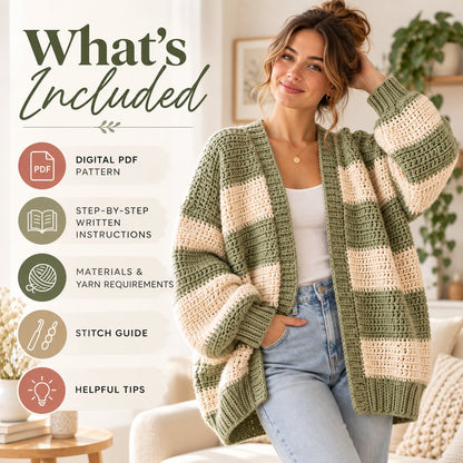 Oversized Chunky Cardigan Crochet Pattern PDF - Beginner Friendly Striped Sweater - Cozy Crochet Cardigan Pattern