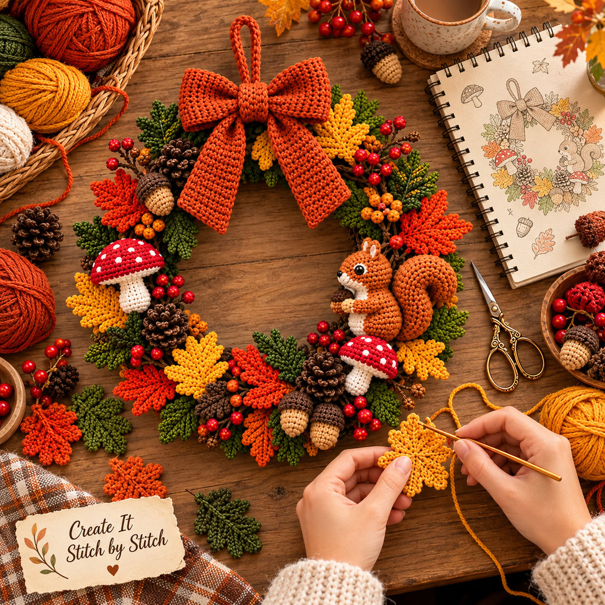 Woodland Autumn Wreath Crochet Pattern PDF – Fall Wreath with Squirrel, Mushrooms & Acorns