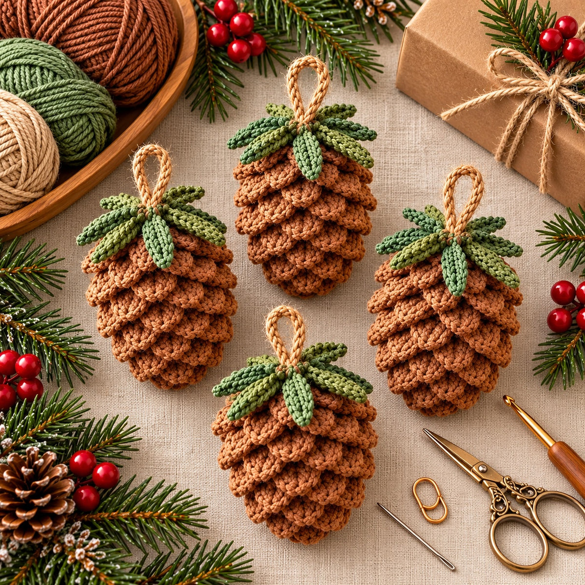 Crochet Pine Cone Ornament Pattern PDF – Rustic Christmas Decor