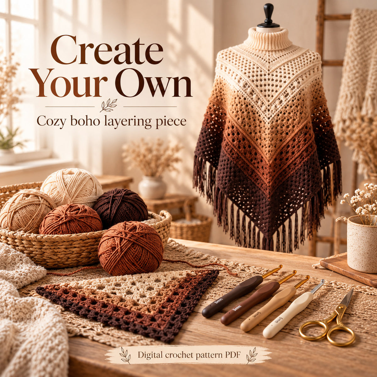 Crochet Ombre Fringe Poncho Pattern PDF – Boho Granny Stripe Wrap