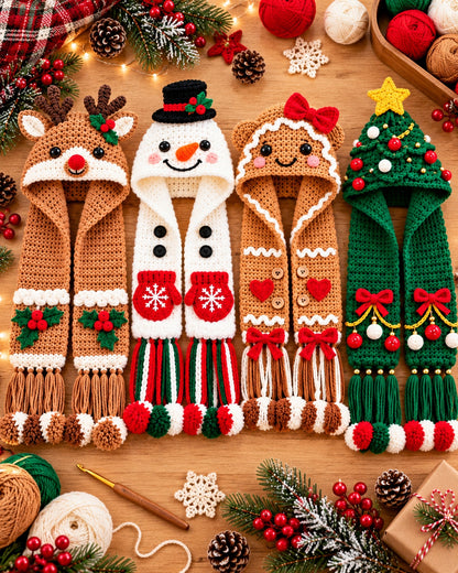 Christmas Hooded Scarf Crochet Pattern PDF – 4 Designs | Ave Lune Crochet