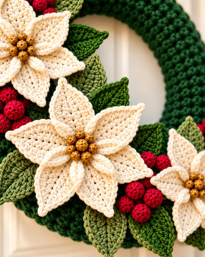 Crochet Christmas Wreath Pattern PDF – Poinsettias & Berries