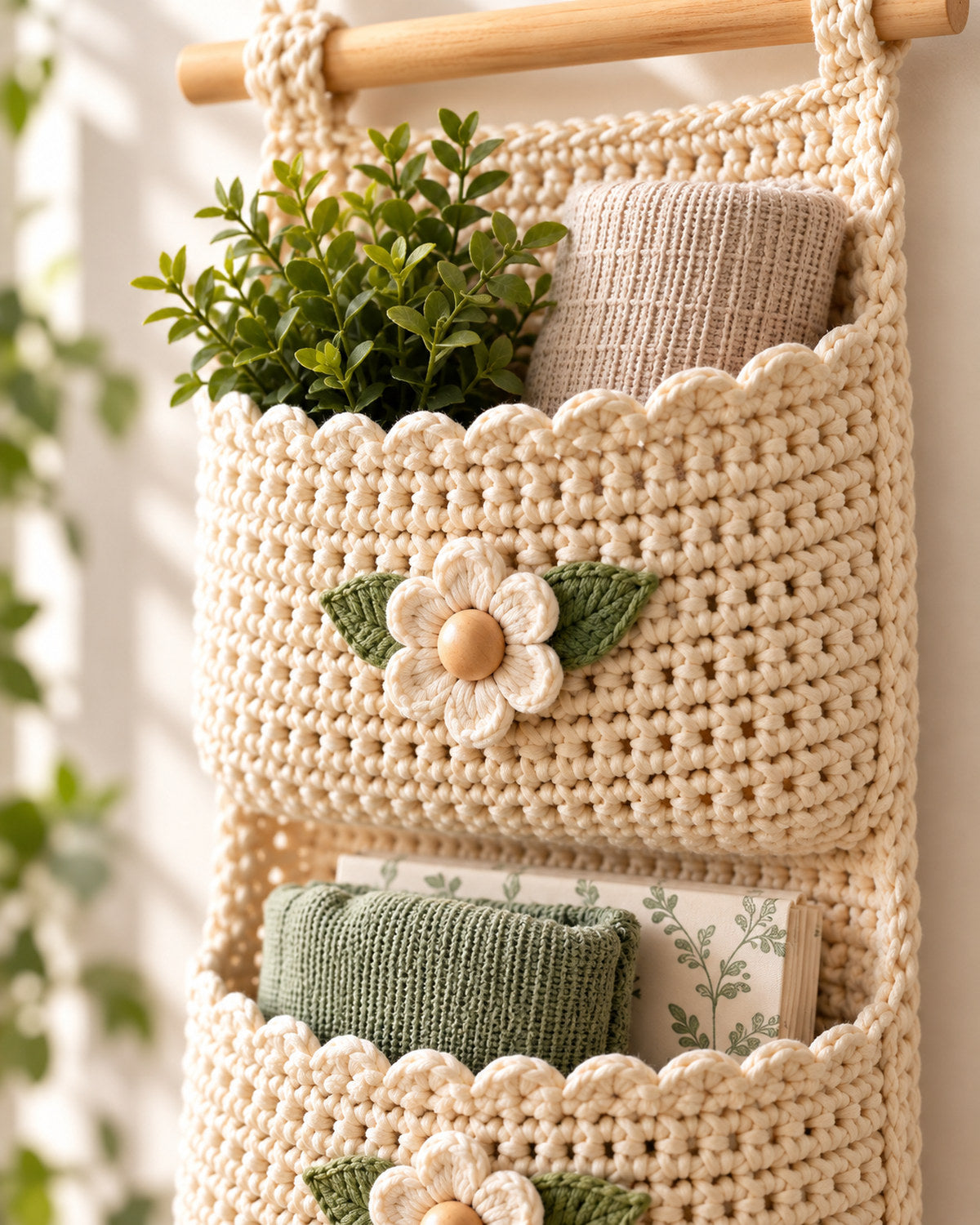 Crochet Wall Organizer Pattern PDF – 3 Sizes, Floral Hanging Storage