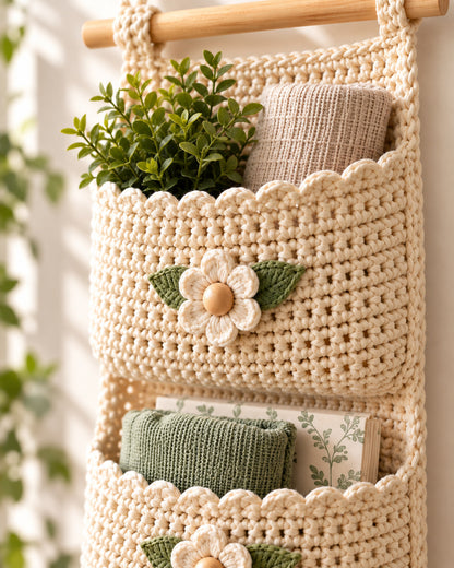 Crochet Wall Organizer Pattern PDF – 3 Sizes, Floral Hanging Storage
