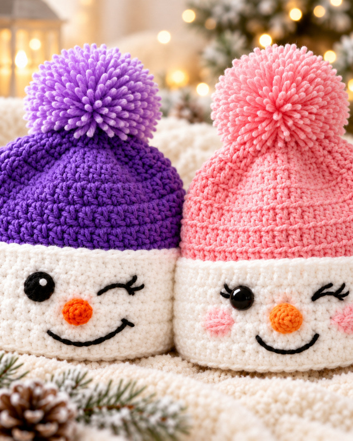 Snowman Crochet Beanie Pattern PDF – Purple & Pink Winter Hat