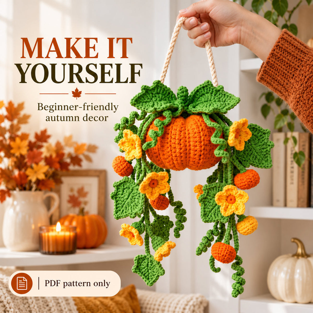 Pumpkin Hanging Crochet Pattern PDF – Fall Wall Decor, Autumn Pumpkin Plant