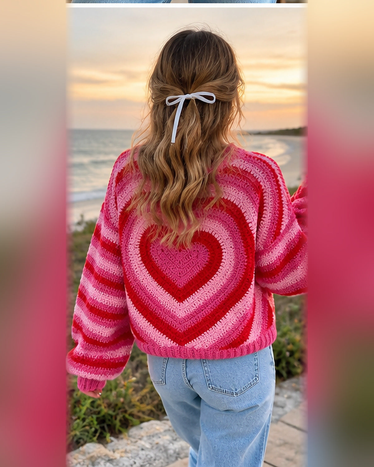 Crochet Heart Sweater Pattern PDF – Pink & Red Striped Pullover