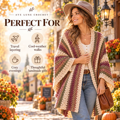 Crochet Wrap Pattern PDF – Autumn Striped Shawl, Boho Rectangle Wrap