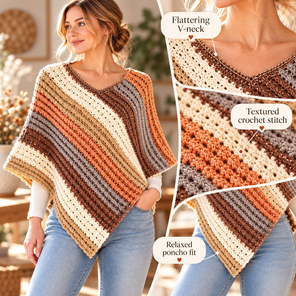 Crochet Sunset Poncho Pattern PDF + Video Tutorial – Boho Striped Wrap