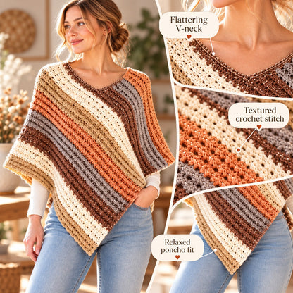 Crochet Sunset Poncho Pattern PDF + Video Tutorial – Boho Striped Wrap