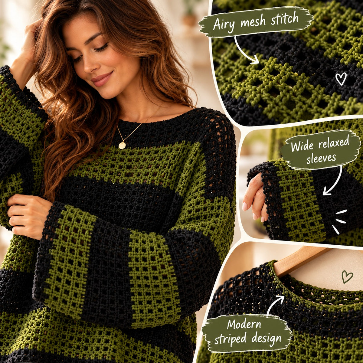Oversized Striped Mesh Sweater Crochet Pattern PDF – Beginner Friendly Pullover