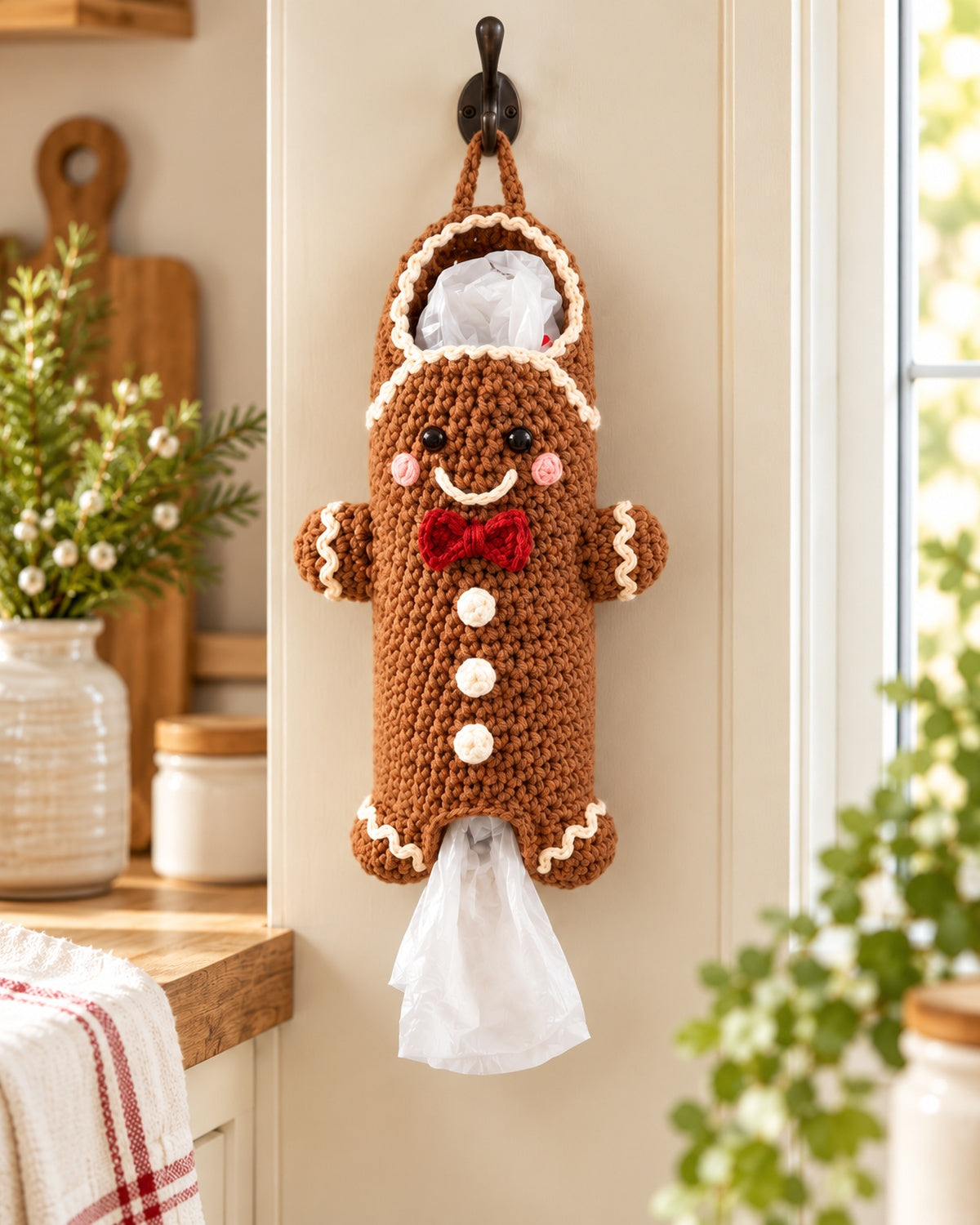 Gingerbread Man Bag Keeper Crochet Pattern PDF – Christmas Plastic Bag Holder
