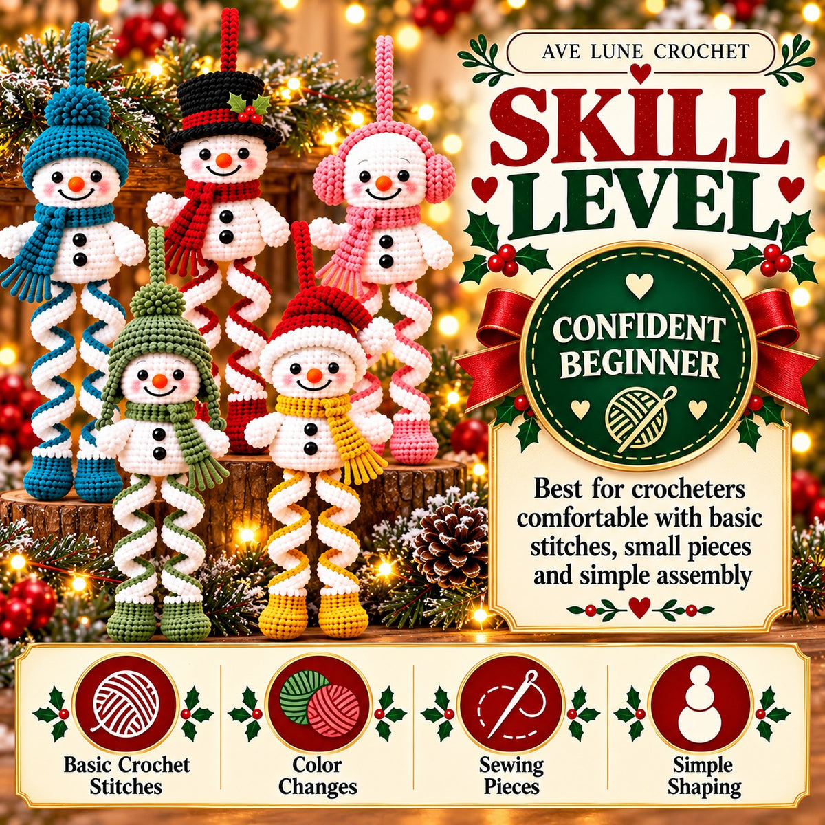 Christmas Spiral Snowman Crochet Pattern PDF – 5 Festive Ornament Designs