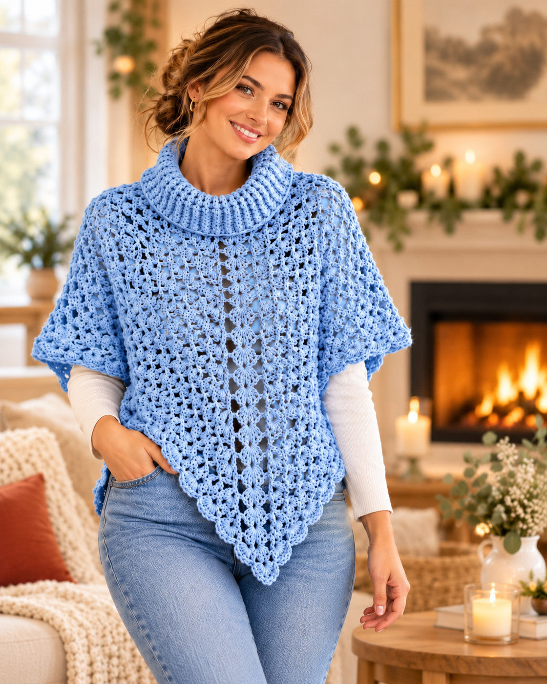 Turtleneck Poncho Crochet Pattern PDF – Openwork Lace Poncho for Women