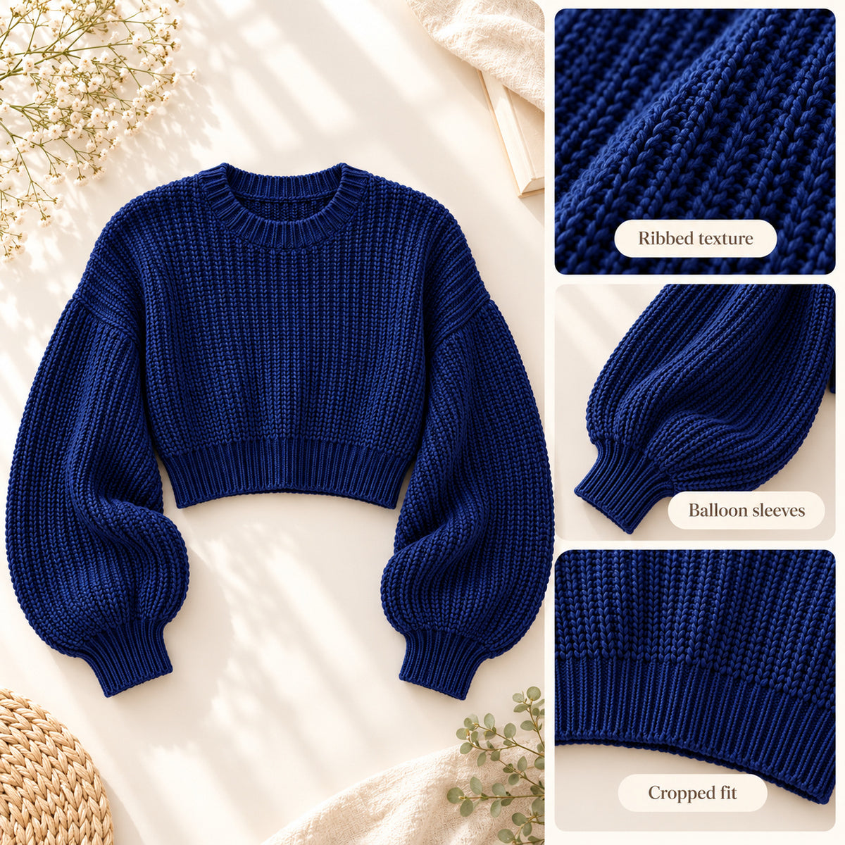 Navy Cloud Crochet Sweater Pattern PDF – Cropped Balloon Sleeve Pullover