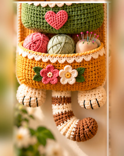 Crochet Cat Wall Organizer Pattern PDF – 3-Pocket Hanging Storage