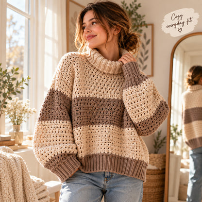 Striped Turtleneck Crochet Sweater Pattern PDF – XS–5XL