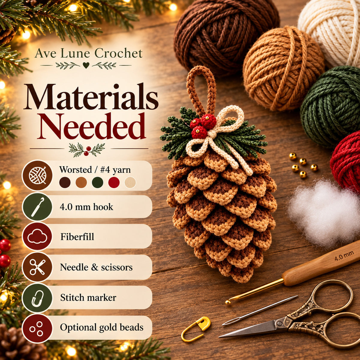 Crochet Pine Cone Ornament Pattern PDF, Christmas Pinecone Crochet Decor, Beginner Woodland Ornament Digital Download