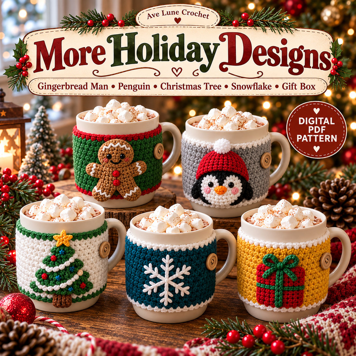 10 Christmas Mug Cozy Crochet Patterns PDF Bundle, Beginner Holiday Cup Cozy Patterns, English Digital Download