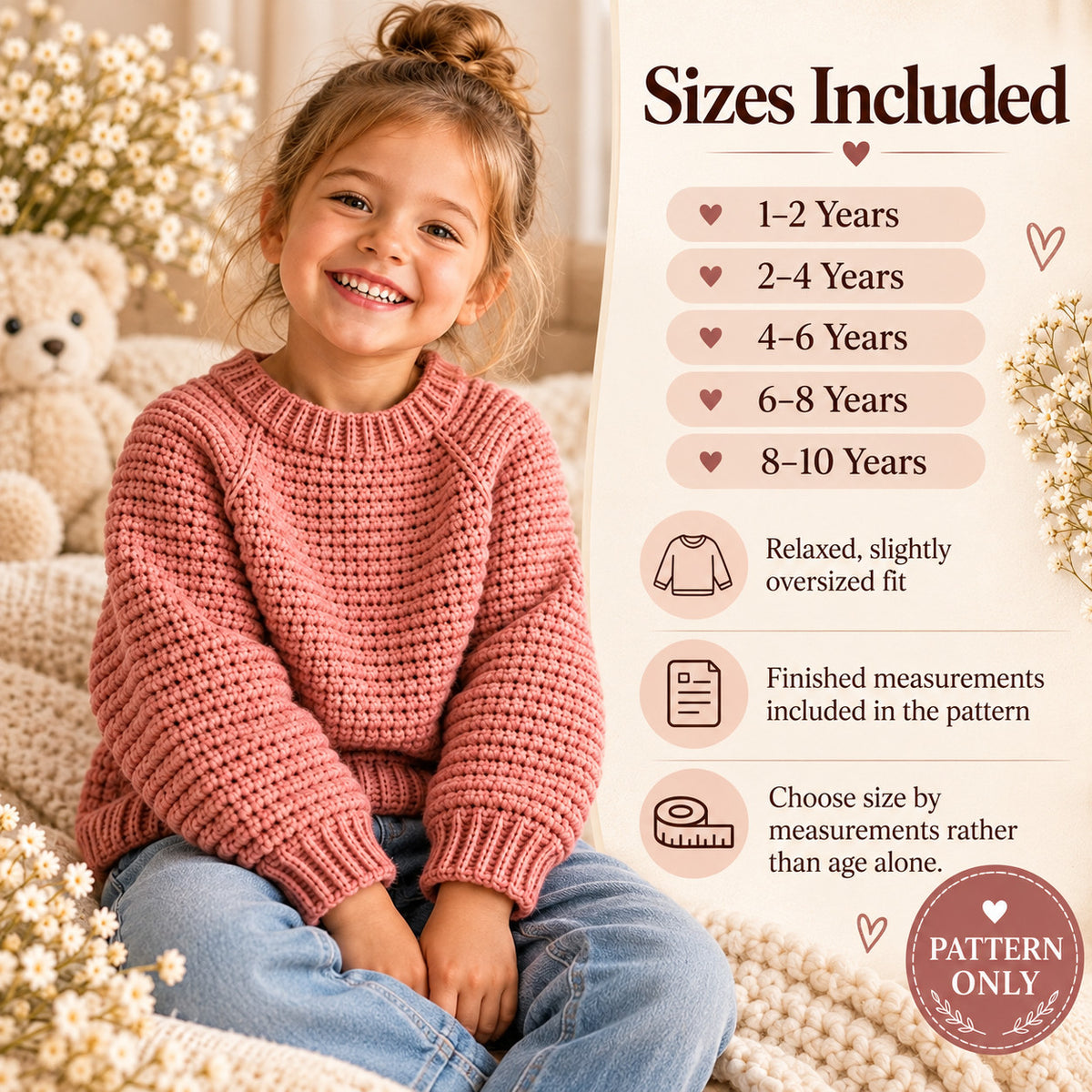 Kids Seamless Raglan Crochet Sweater Pattern PDF, Top Down Children’s Pullover, Sizes 1–10 Years