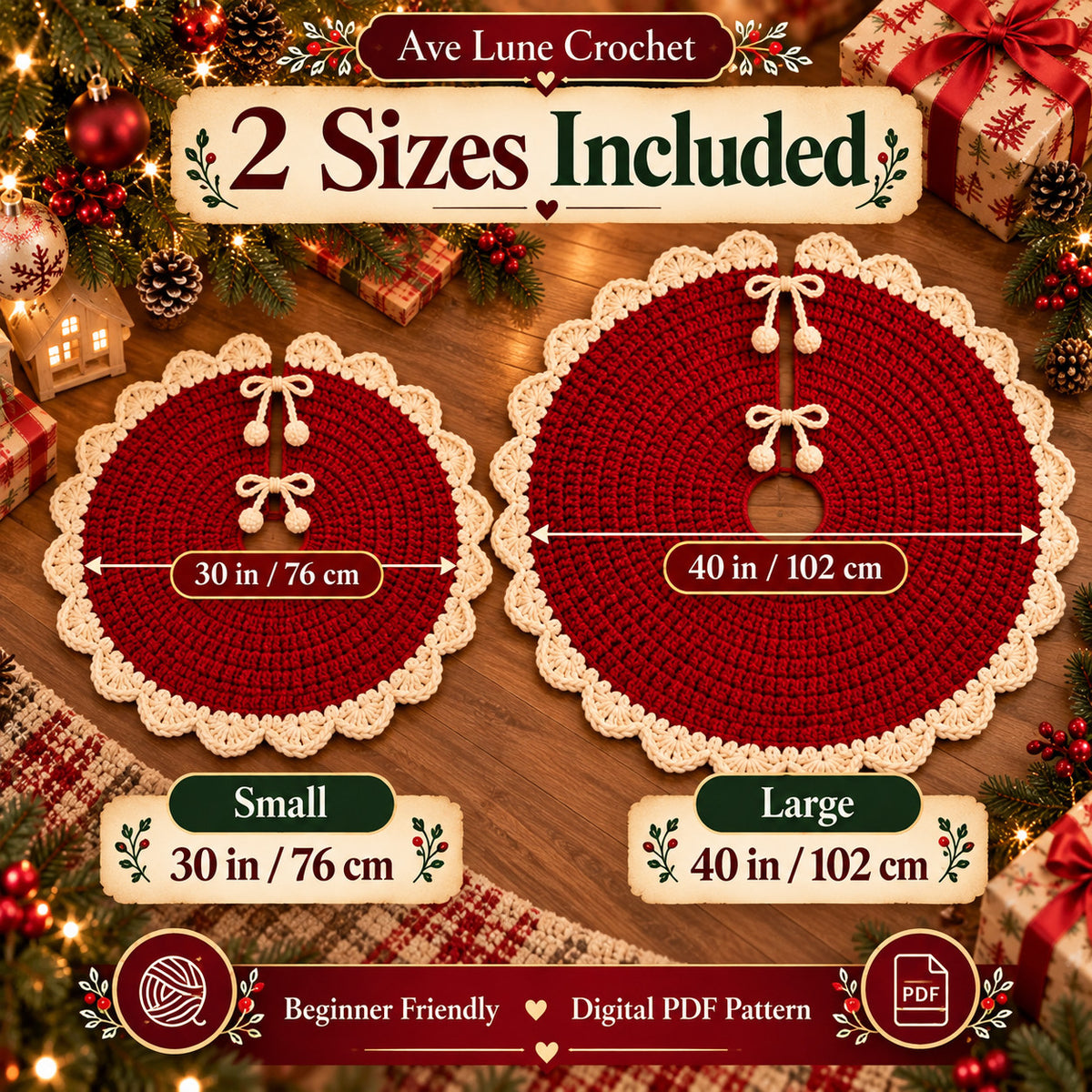 Christmas Tree Skirt Crochet Pattern PDF, Beginner Crochet Tree Skirt, 2 Sizes 30 & 40 Inch, 5 Languages