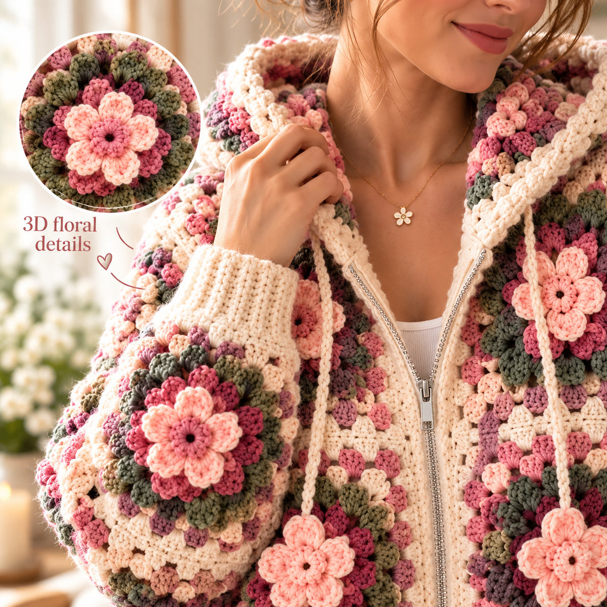 Floral Granny Square Hoodie Crochet Pattern PDF | 3D Flower Zip-Up Cardigan