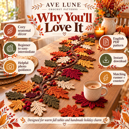 Autumn Leaf Table Runner & Coaster Crochet Pattern PDF – Fall Thanksgiving Table Decor