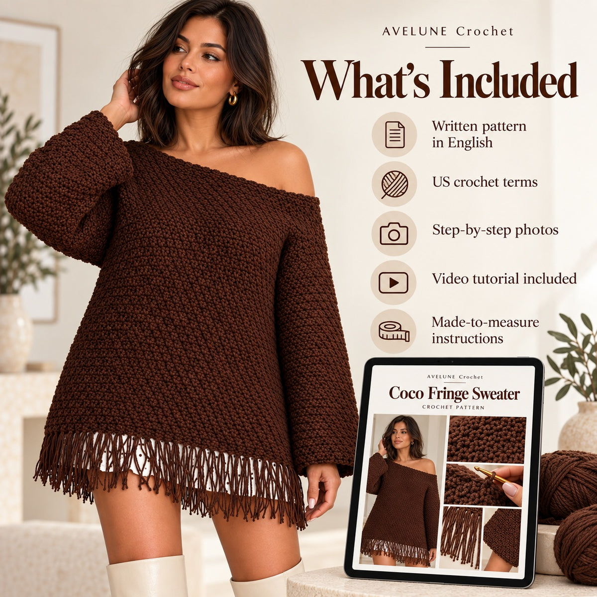 Coco Fringe Crochet Sweater Pattern PDF | Oversized Off-Shoulder Sweater XS–5XL