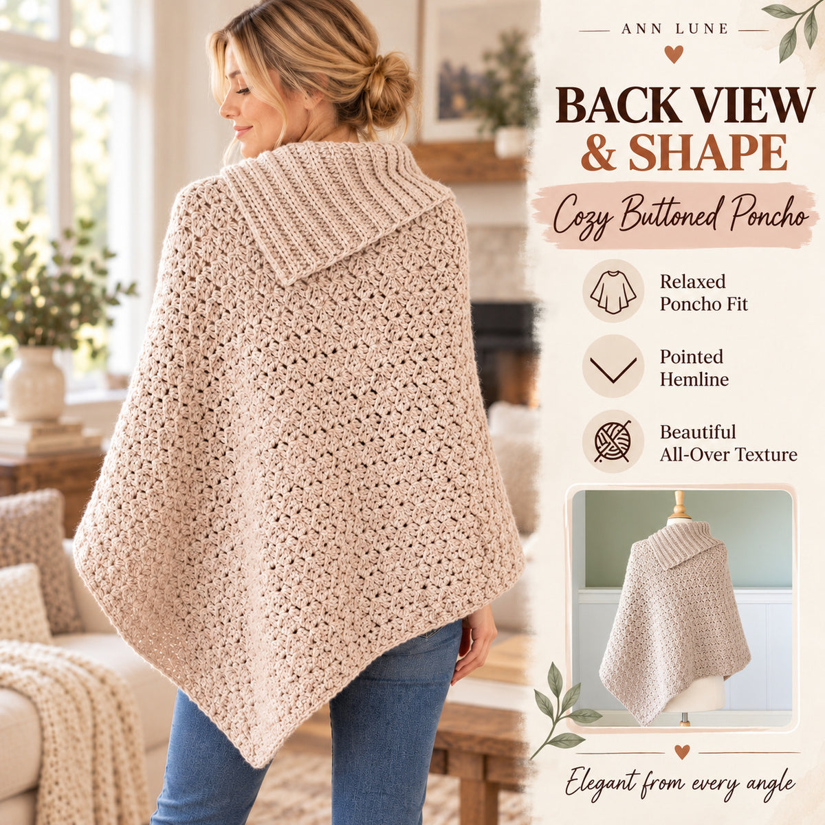 Cozy Buttoned Poncho Crochet Pattern PDF – Women’s Cowl Neck Crochet Poncho & Winter Wrap