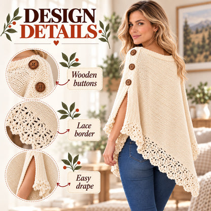 Uptown Poncho Crochet Pattern PDF – Easy Women’s Crochet Wrap with Button Detail & Lace Border