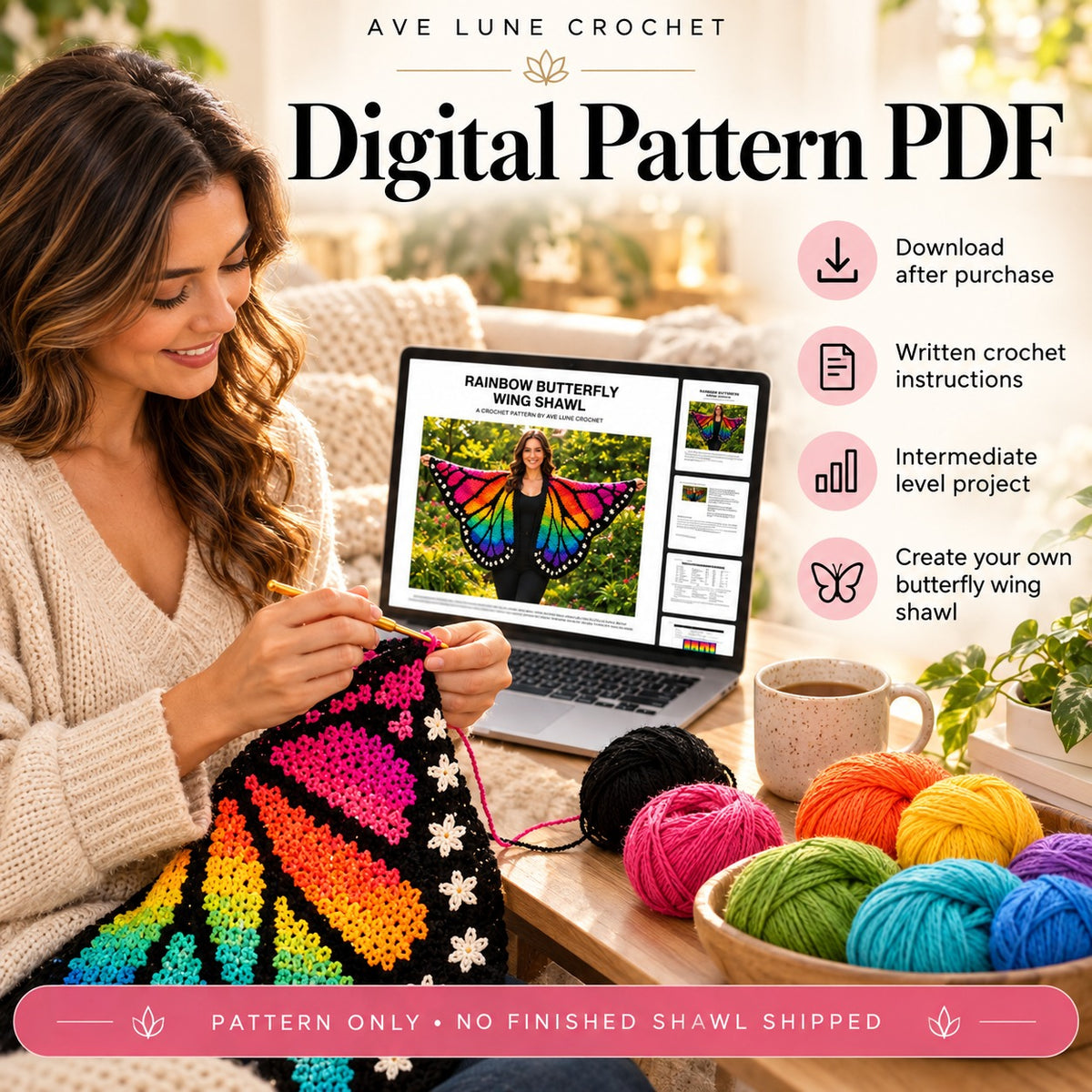 Rainbow Butterfly Wing Shawl Crochet Pattern PDF | Colorful Crochet Wrap