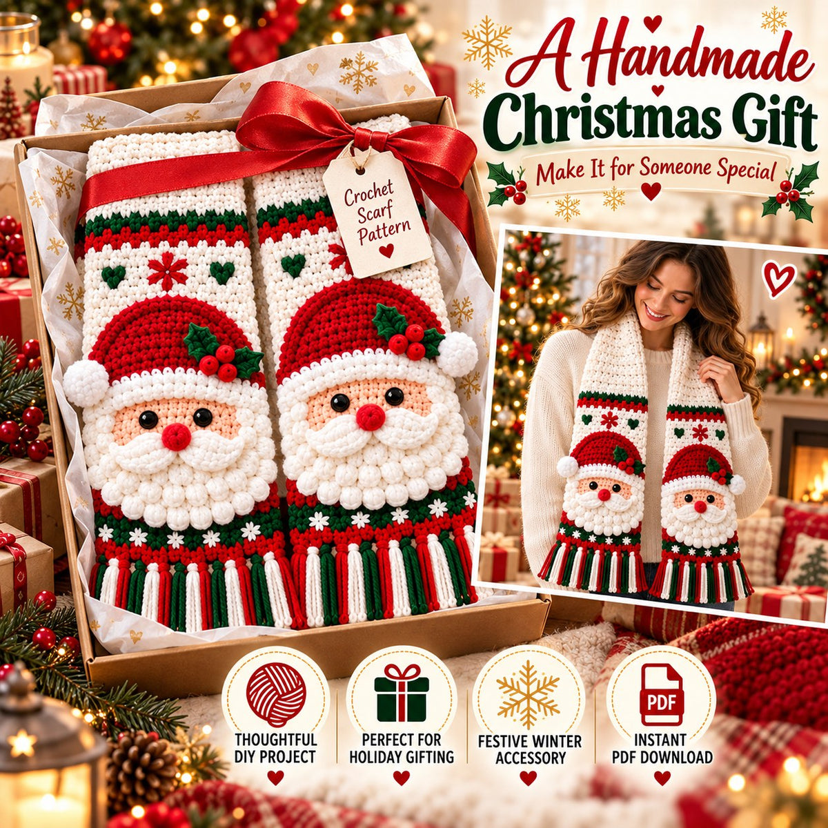 Santa Crochet Scarf Pattern PDF | Christmas Holiday Scarf Pattern