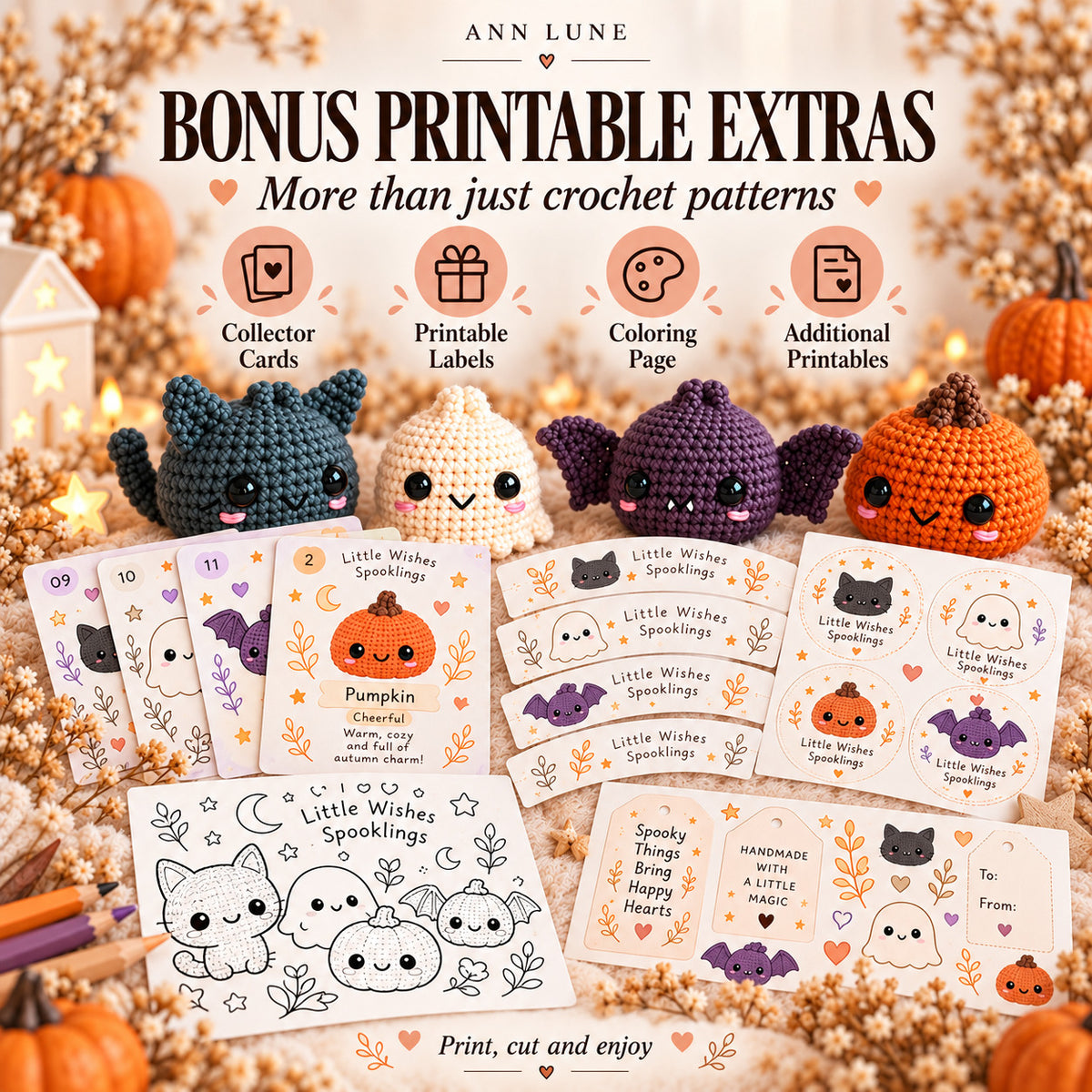 Little Wishes Spooklings Crochet Pattern Bundle PDF – Halloween Cat, Ghost, Bat & Pumpkin Amigurumi