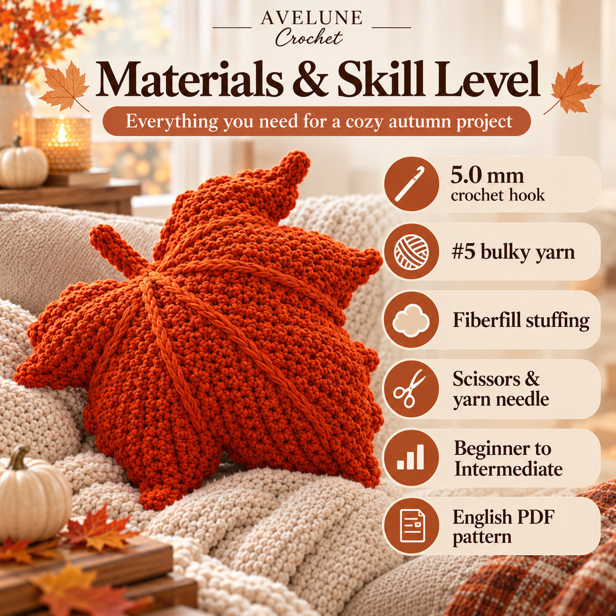 Crochet Maple Leaf Pillow Pattern PDF | Fall & Autumn Leaf Cushion, Cozy Home Decor