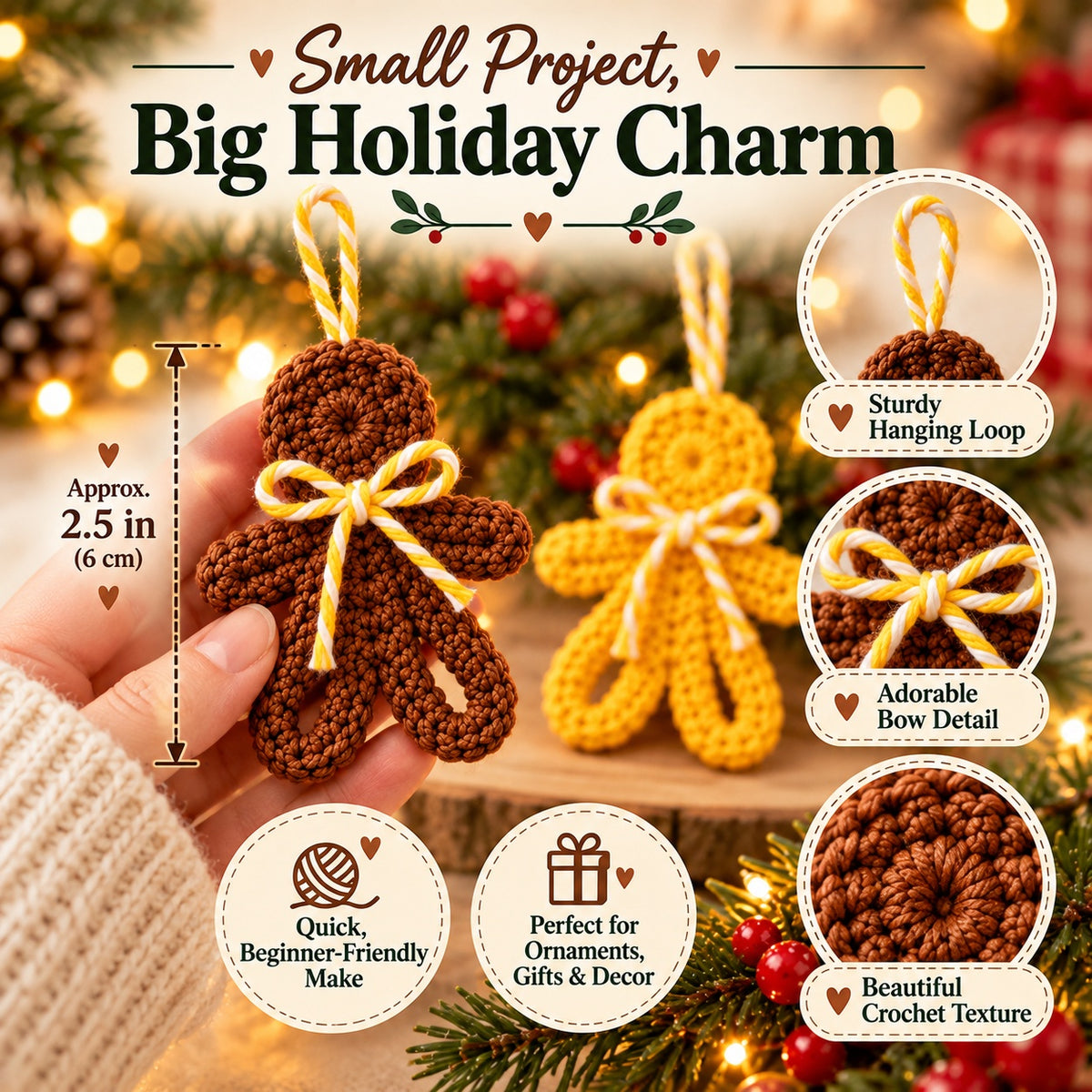 Mini Gingerbread Man Crochet Ornament Pattern PDF – Easy Christmas Tree Decoration & Gift Topper