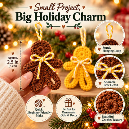 Mini Gingerbread Man Crochet Ornament Pattern PDF – Easy Christmas Tree Decoration & Gift Topper