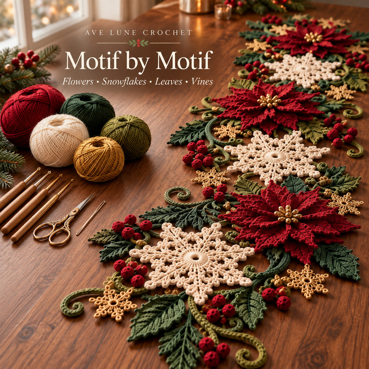 Christmas Table Runner Crochet Pattern PDF | 3D Poinsettia & Snowflake Holiday Table Decor