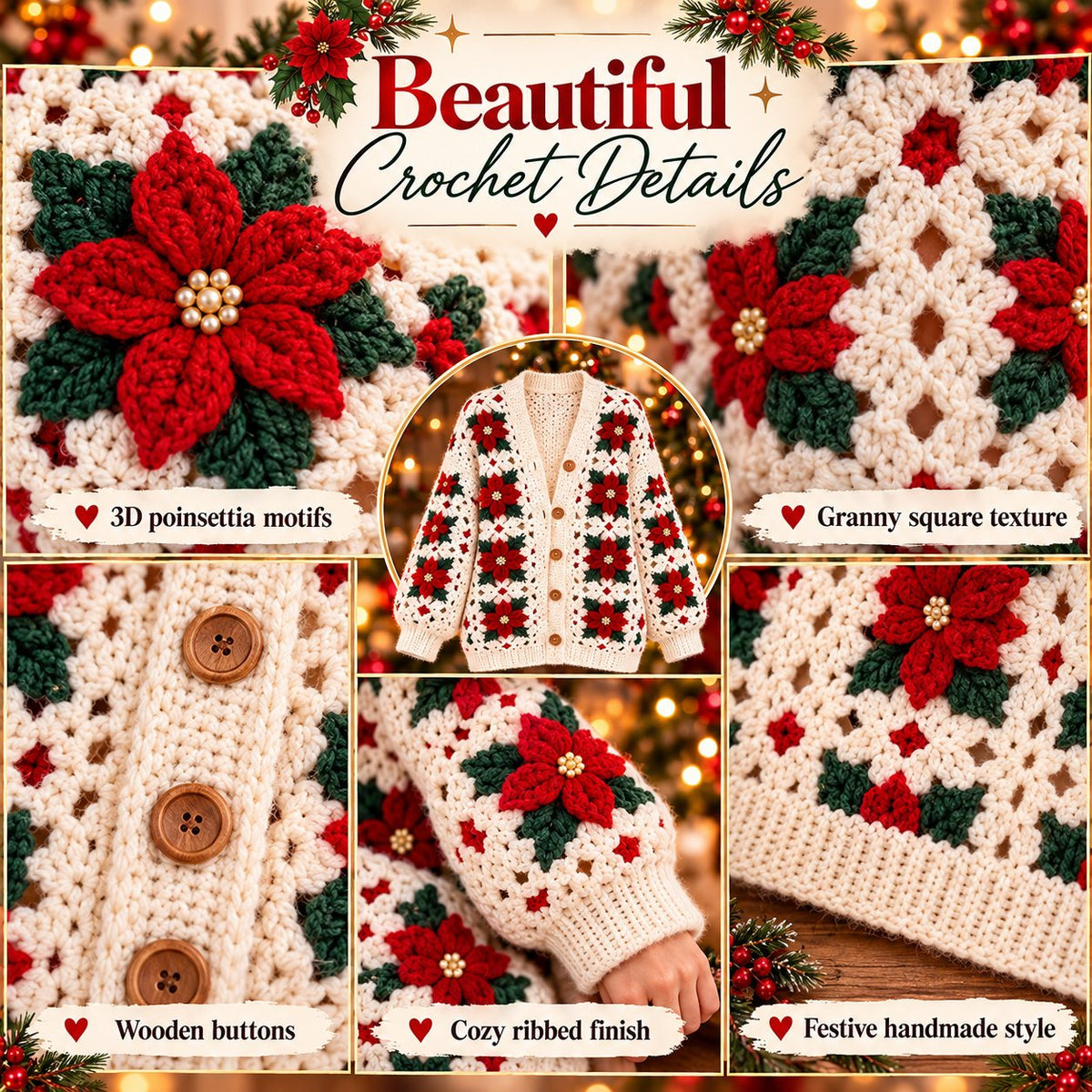 Christmas Poinsettia Granny Square Cardigan Crochet Pattern PDF | Festive Holiday Sweater Pattern | Winter Crochet Cardigan