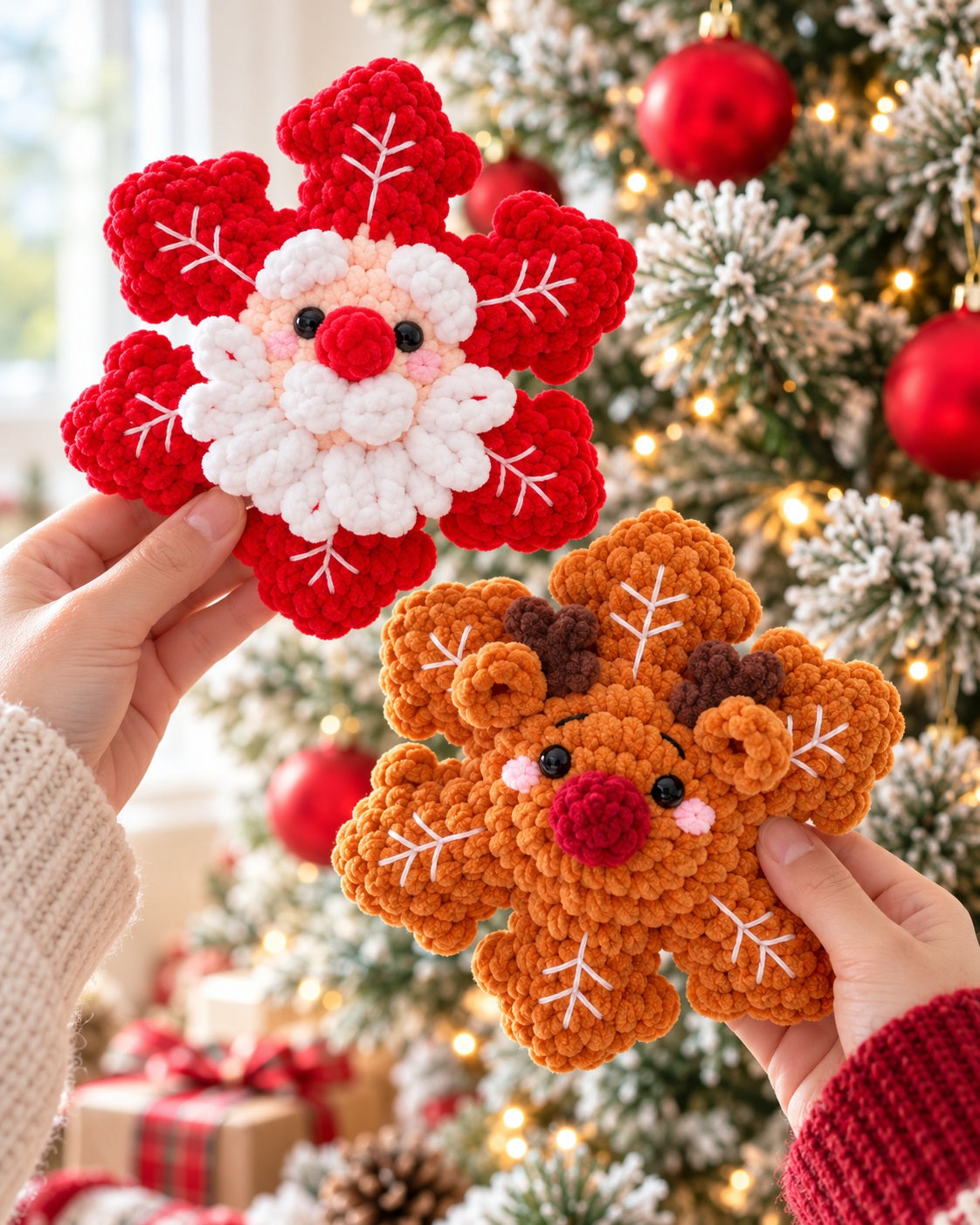 4-in-1 No-Sew Plush Christmas Snowflake Crochet Pattern PDF | Santa, Reindeer, Snowman & Gingerbread