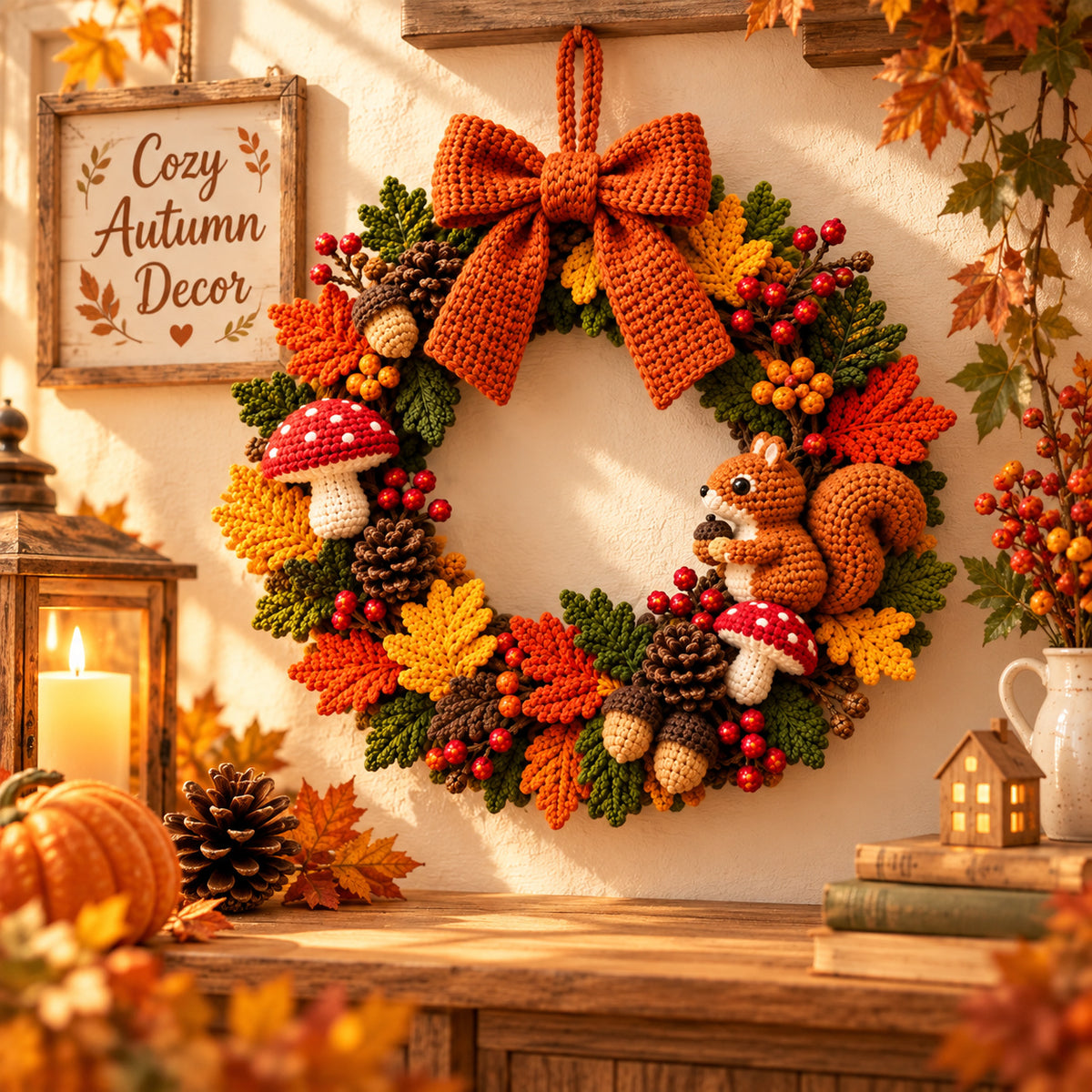 Woodland Autumn Wreath Crochet Pattern PDF – Fall Wreath with Squirrel, Mushrooms & Acorns