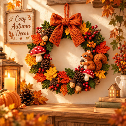 Woodland Autumn Wreath Crochet Pattern PDF – Fall Wreath with Squirrel, Mushrooms & Acorns