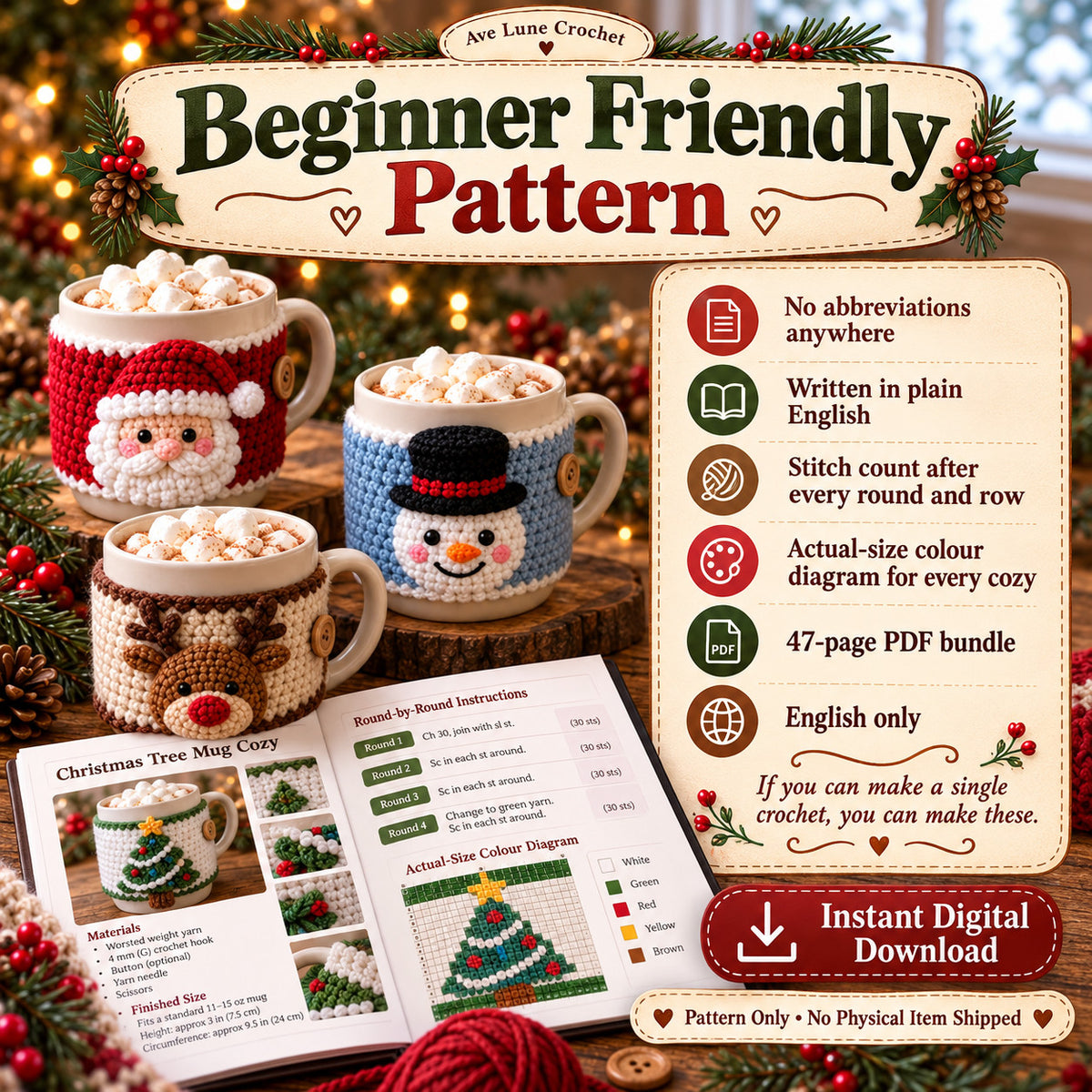 10 Christmas Mug Cozy Crochet Patterns PDF Bundle, Beginner Holiday Cup Cozy Patterns, English Digital Download