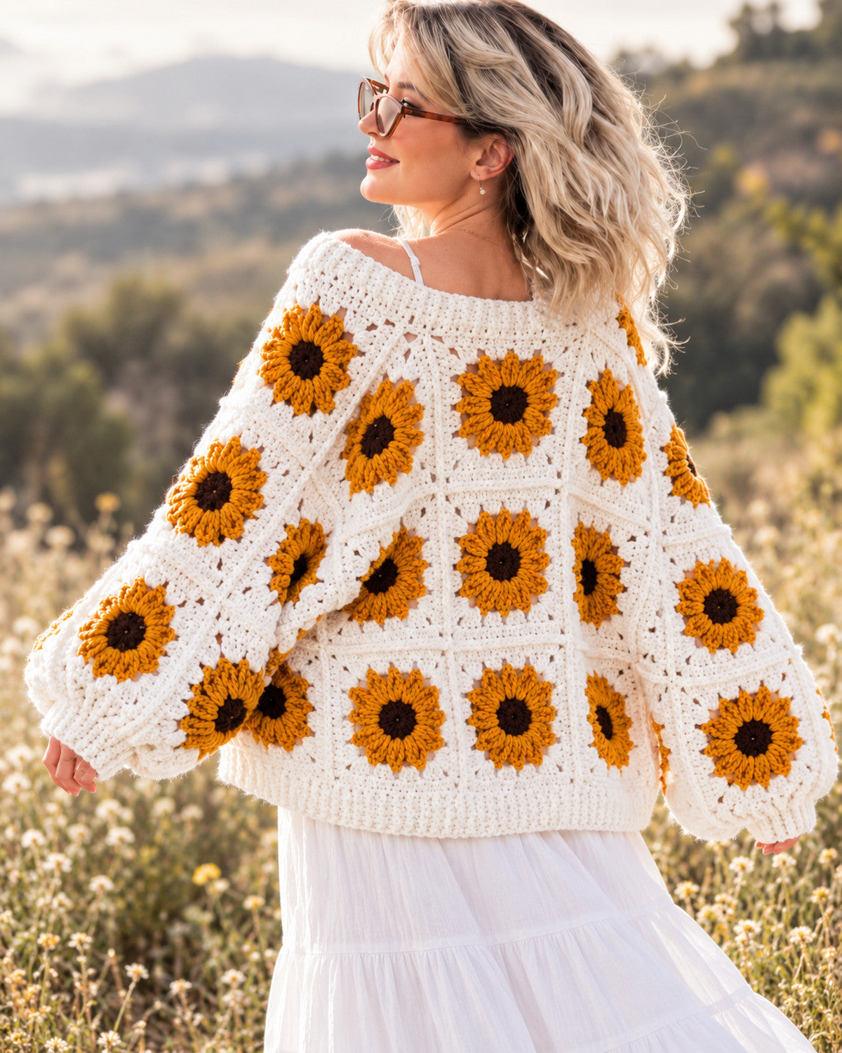 Sunflower Granny Square Cardigan Crochet Pattern PDF – Oversized Floral Cardigan