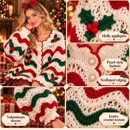 Christmas Holly Cardigan Crochet Pattern PDF – Festive Holiday Sweater for Adults