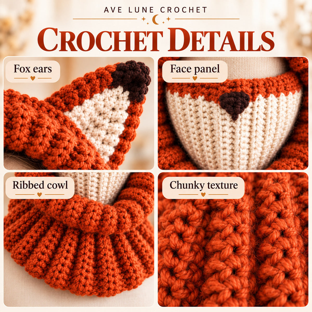 Fox Hooded Cowl Crochet Pattern PDF – Fox Ear Balaclava & Neck Warmer