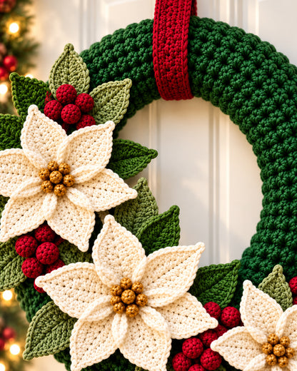 Crochet Christmas Wreath Pattern PDF – Poinsettias & Berries